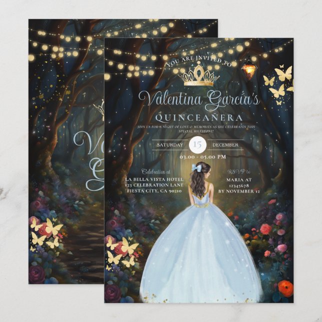 Invitation Dusty Blue Quinceañera 15 Anos Fores Fleurs Or (Devant / Derrière)