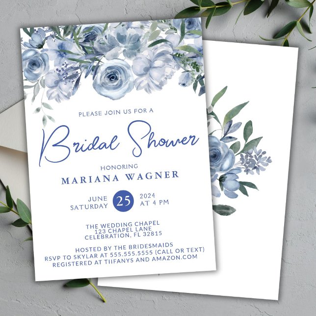 Invitation Dusty Blue Romantic Floral Fête des mariées (Créateur téléchargé)