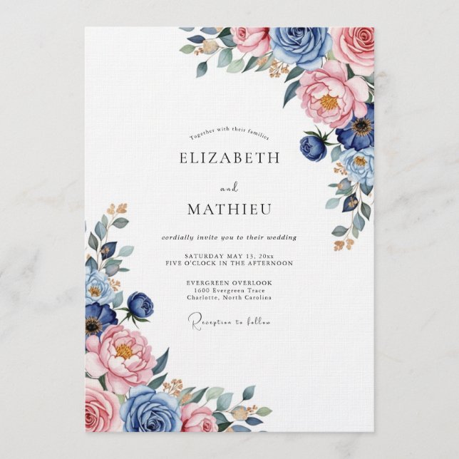 Invitation Dusty Blue Romantic Floral Wedding (Devant)