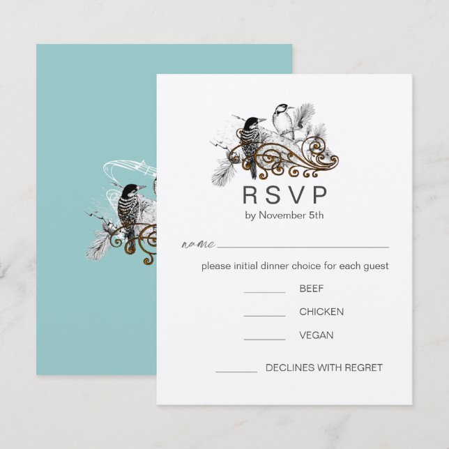 Invitation Dusty Blue Romantic Woodpecker Inséparables RSVP (Devant / Derrière)
