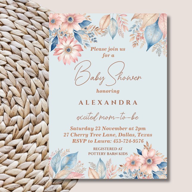 Invitation Dusty Blue rose Floral Boho Chic Baby shower (Créateur téléchargé)