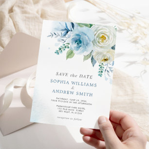 Invitation Dusty Blue Rose Floral Wedding Enregistrer la date