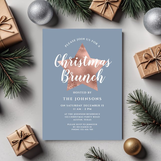 Invitation Dusty Blue Rose Gold Star Noël Brunch (Dusty Blue Rose Gold Star Christmas Brunch Invitation)