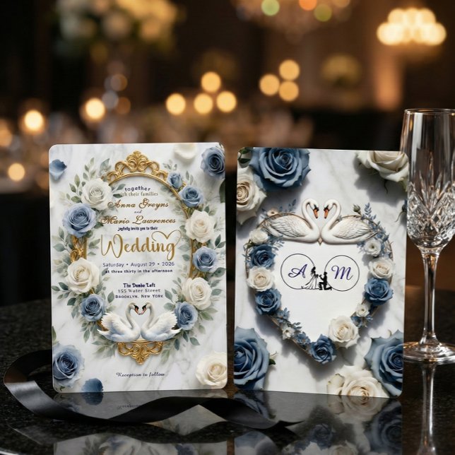 Invitation Dusty Blue Rose Marble Swan Fairytale Wedding (Créateur téléchargé)