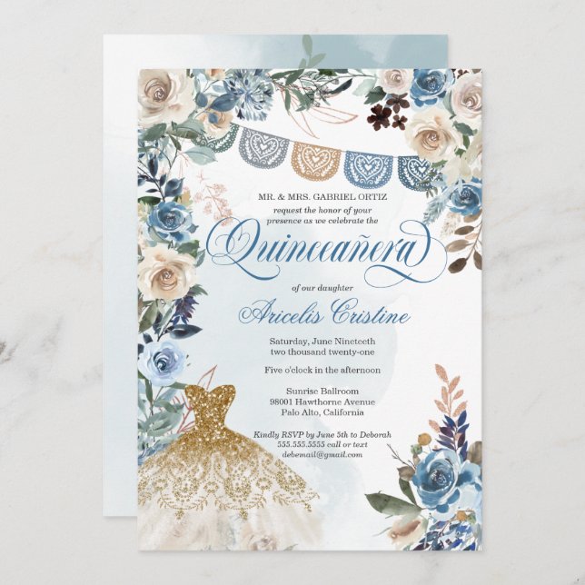 Invitation Dusty Blue Rose Papel Picado Pays Quinceañera (Devant / Derrière)