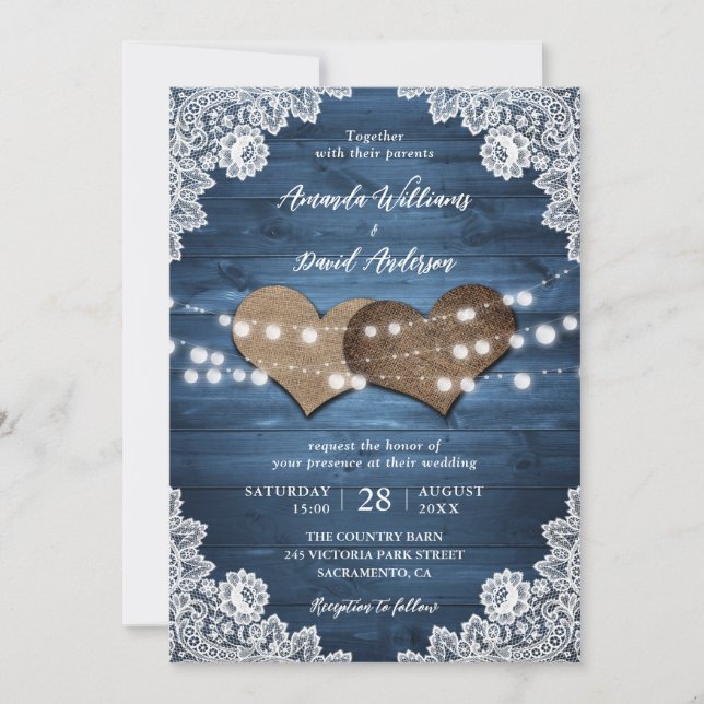 Invitation Dusty Blue Rustic Wood Burlap Lights Mariage (Devant)