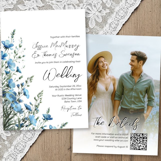 Invitation Dusty Blue Sage Boho Fleur sauvage Photo QR Mariag (Front/Back)