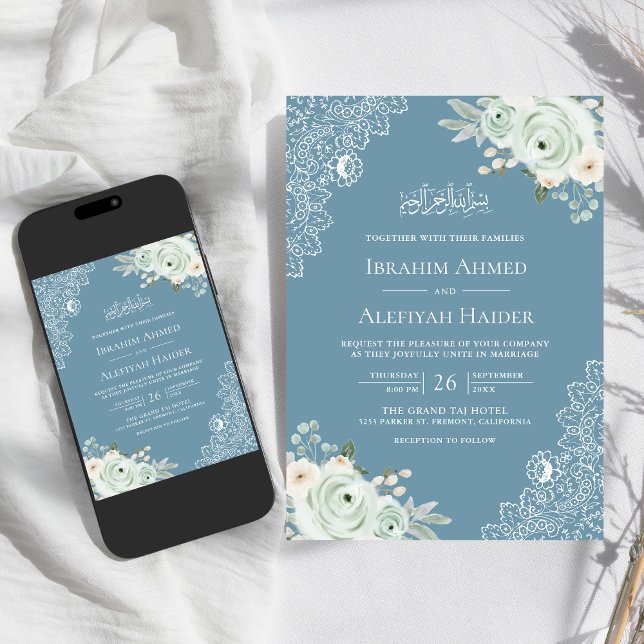 Invitation Dusty Blue Sage Green Floral Lace Mariage musulman (Créateur téléchargé)