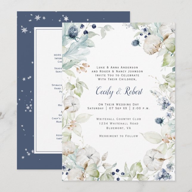 Invitation Dusty Blue Sage Green Floral Mariage avec menu (Devant / Derrière)