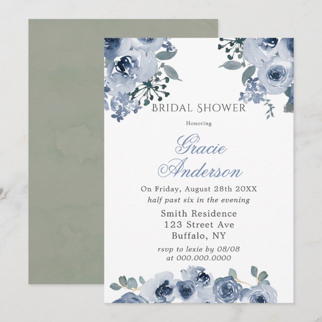 Invitation Dusty Blue Sage Peony Fête des mariées Invita (Devant / Derrière)