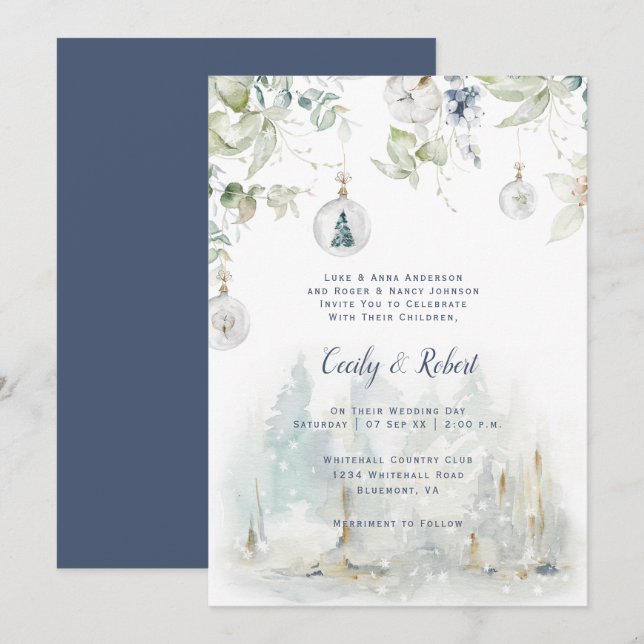 Invitation Dusty Blue Sage Vert Floral neige Globales Mariage (Devant / Derrière)