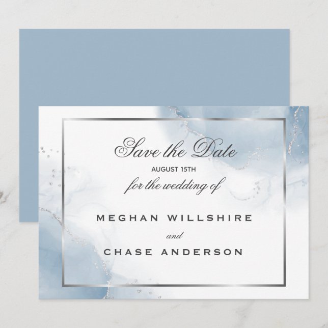 Invitation Dusty Blue Script Argent Enregistrer la date (Devant / Derrière)