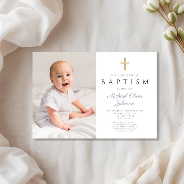 Invitation Dusty Blue Script Cross Boy Photo Baptême (Dusty Blue Script Cross Boy Photo Baptism Invitation)