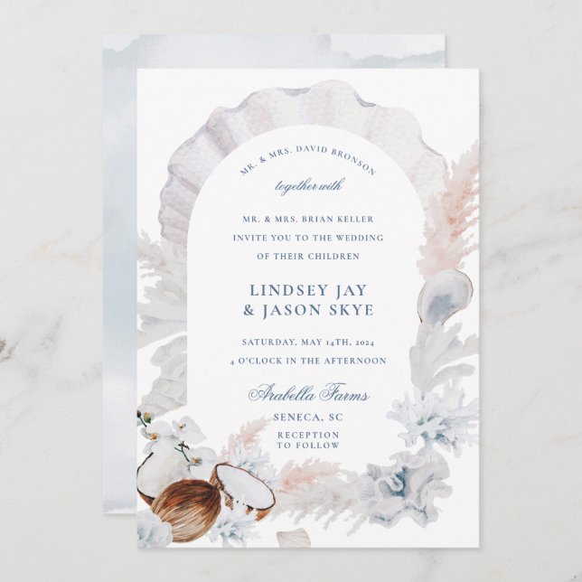 Invitation Dusty Blue Seashell Pampas Beach Arch Mariage (Devant / Derrière)