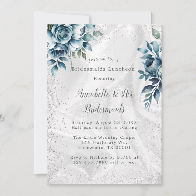 Invitation Dusty Blue Silver Bouquet Bridesservantes Déjeuner (Devant)