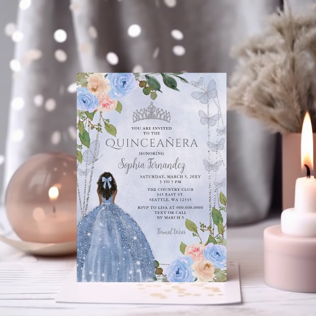Invitation Dusty Blue Silver Floral Princess Quinceañera (Dusty Blue Silver Floral Princess Quinceañera Invitation)
