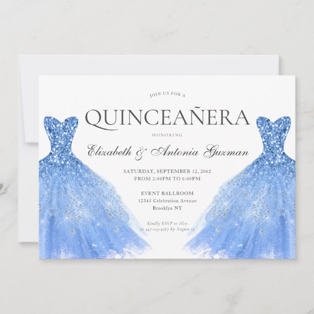 Invitation Dusty Blue Silver Parties scintillant Gown Twin Qu (Devant)