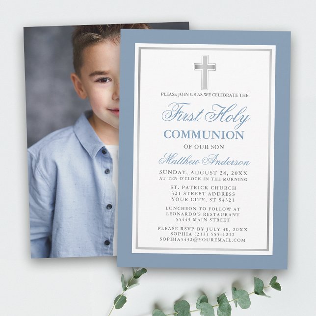 Invitation Dusty Blue Silver Première Sainte Communion Photo (Customize to change text size or text style.)