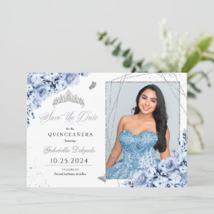 Invitation Dusty Blue Silver Quinceañera Enregistrer la date 
