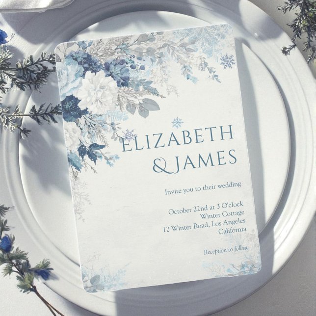 Invitation Dusty Blue Silver Rose hiver Floral Mariage (Créateur téléchargé)