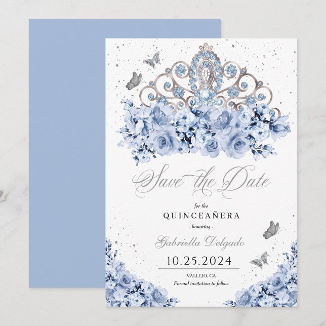 Invitation Dusty Blue Silver Tiara Enregistrer La Date Quince (Devant / Derrière)