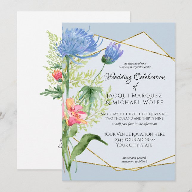 Invitation Dusty Blue Simple Aquarelle Moderne Florale Mariag (Devant / Derrière)