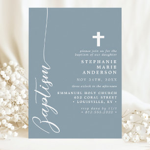 Invitation Dusty Blue Simple Script moderne Baptême