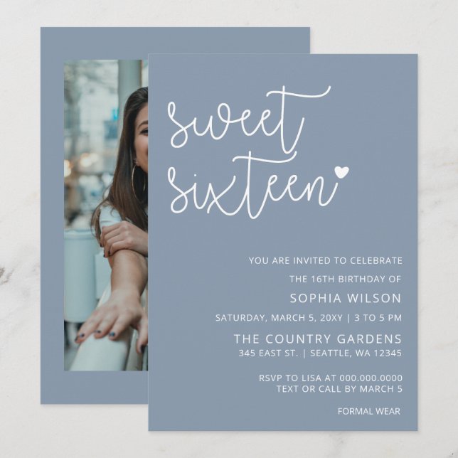 Invitation Dusty Blue Simple Script Sweet 16 Anniversaire Pho (Devant / Derrière)