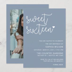 Invitation Dusty Blue Simple Script Sweet 16 Anniversaire Pho