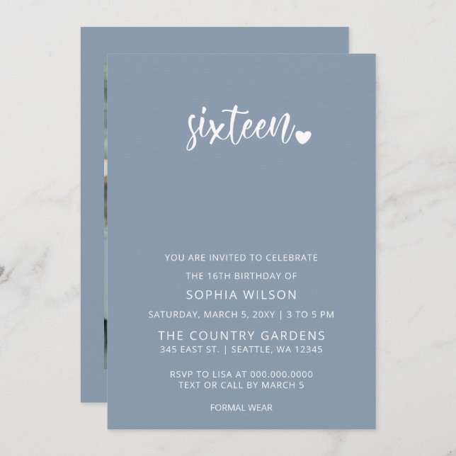 Invitation Dusty Blue Simple Script Sweet 16 Anniversaire Pho (Devant / Derrière)