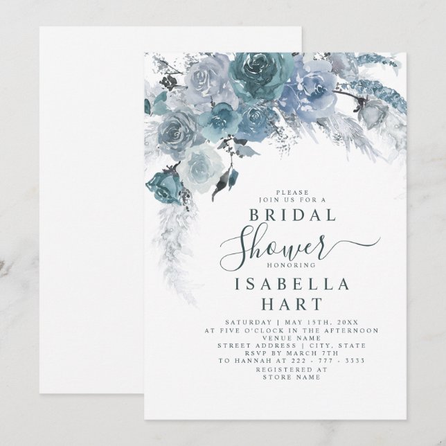 Invitation Dusty Blue Slate Boho Pampas Fête des mariées flor (Devant / Derrière)