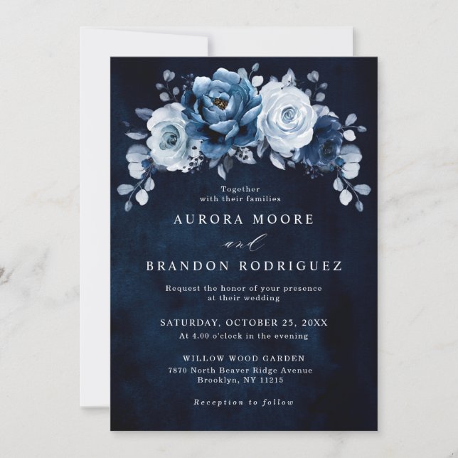 Invitation Dusty Blue Slate Navy Floral Botanal Mariage Inv (Devant)