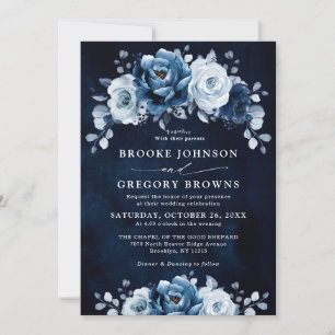 Invitation Dusty Blue Slate Navy Floral Botanal Mariage Inv