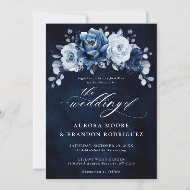 Invitation Dusty Blue Slate Navy Floral Botanal Mariage Inv (Devant)