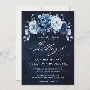 Invitation Dusty Blue Slate Navy Floral Botanal Mariage Inv