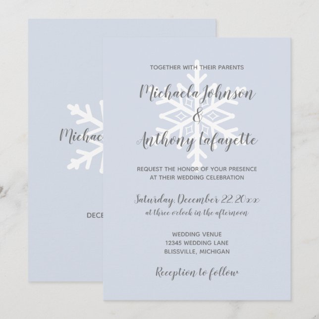 Invitation Dusty Blue Snowflake Mariage d'hiver (Devant / Derrière)
