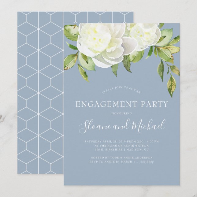 Invitation Dusty Blue Spring Floral Peony Party (Devant / Derrière)
