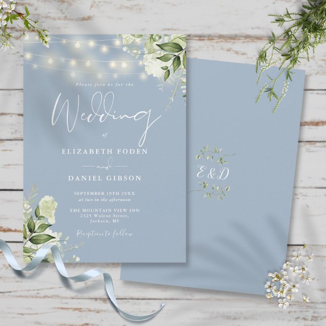 Invitation Dusty Blue String éclaire Floral Monogram Mariage (Dusty Blue String Lights Floral Monogram Wedding Invitation)