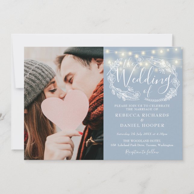 Invitation Dusty Blue String éclaire Floral Photo Mariage (Devant)