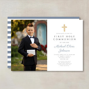 Invitation Dusty Blue Stripes Cross Boy Photo First Communion