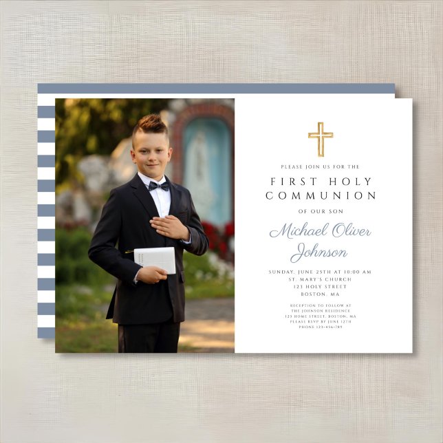 Invitation Dusty Blue Stripes Cross Boy Photo First Communion (Dusty Blue Stripes Cross Boy Photo First Communion Invitation)