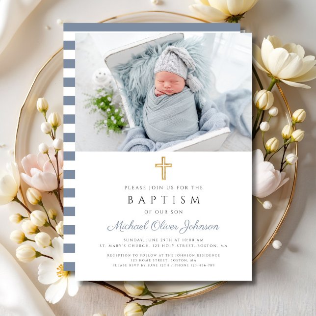 Invitation Dusty Blue Stripes Cross Photo Boy Baptême (Dusty Blue Stripes Cross Photo Boy Baptism Invitation)