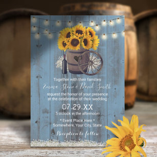 Invitation Dusty Blue Sunflower Bois Baril Rustique Mariage