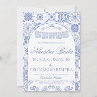 Invitation Dusty Blue Talavera Papel Picado Spanish Wedding