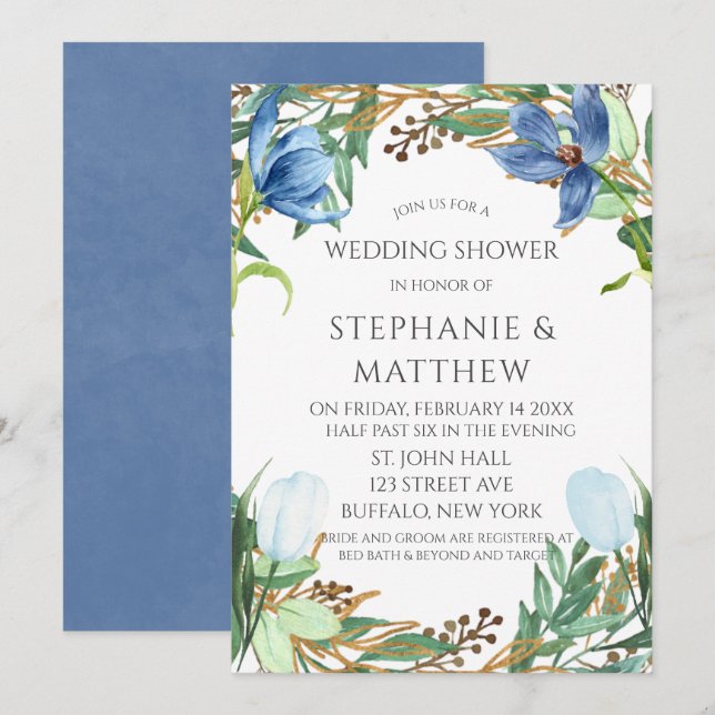 Invitation Dusty Blue Tulip Aquarelle Peony Wedding shower (Devant / Derrière)