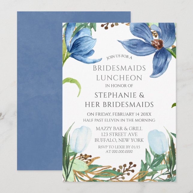 Invitation Dusty Blue Tulip Peony Bridesmaiers Déjeuner (Devant / Derrière)