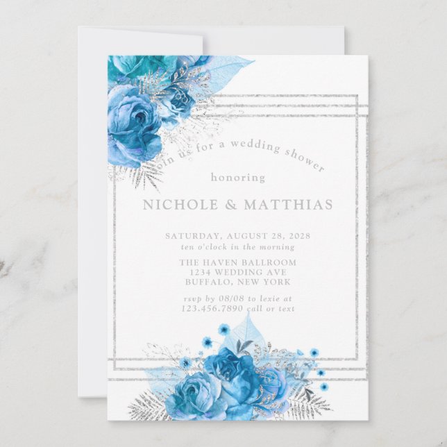Invitation Dusty Blue Turquoise Silver Peony Wedding shower (Devant)