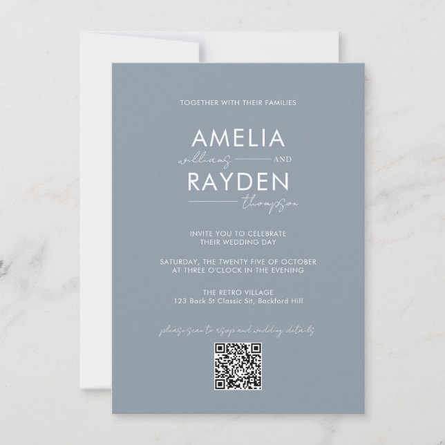Invitation Dusty Blue Typographie Script Photo QR Code Mariag (Devant)