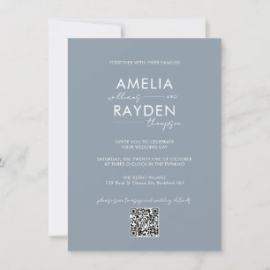 Invitation Dusty Blue Typographie Script Photo QR Code Mariag
