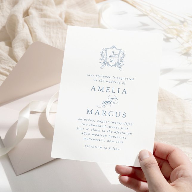Invitation Dusty Blue Vintage Crest Mariage (Créateur téléchargé)